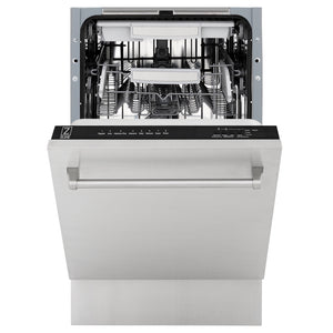 ZLINE 18 in. Tallac Series 3rd Rack Dishwasher with Auto Door Open Drying, 51dBa, Stainless Steel Panel (DWV-304-18) front, half open.