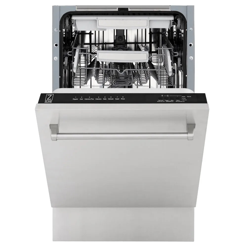 ZLINE 18 in. Tallac Series 3rd Rack Dishwasher with Auto Door Open Drying, 51dBa, Stainless Steel Panel (DWV-304-18) front, half open.