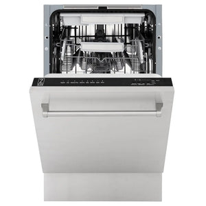 ZLINE 18 in. Tallac Series 3rd Rack Dishwasher with Auto Door Open Drying, 51dBa, Stainless Steel Panel (DWV-304-18) front, half open.
