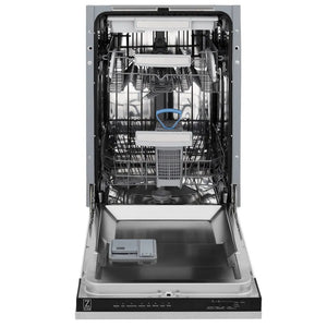 ZLINE 18 in. Tallac Series 3rd Rack Dishwasher with Auto Door Open Drying, 51dBa, Stainless Steel Panel (DWV-304-18) front, open, showing stainless steel tub.