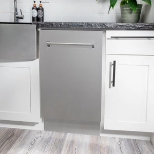 ZLINE 18 in. Tallac Series 3rd Rack Dishwasher with Auto Door Open Drying, 51dBa, Stainless Steel Panel (DWV-304-18) in a modern kitchen with white cabinets and a gray countertop.