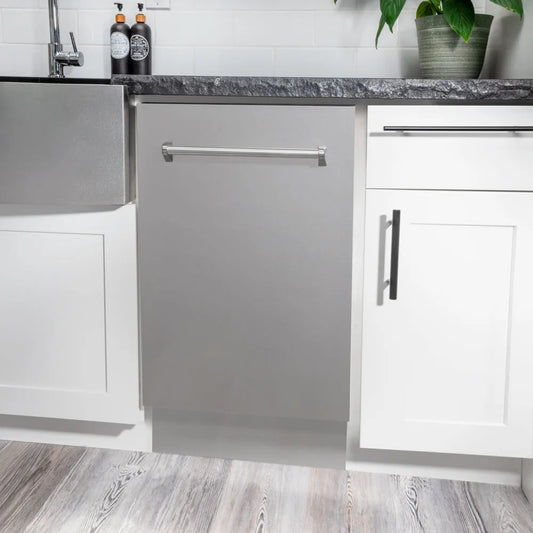 ZLINE 18 in. Tallac Series 3rd Rack Dishwasher with Auto Door Open Drying, 51dBa, Stainless Steel Panel (DWV-304-18) in a modern kitchen with white cabinets and a gray countertop.