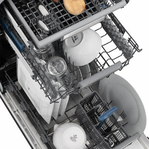 ZLINE 18 in. Tallac Series 3rd Rack Dishwasher with Auto Door Open Drying, 51dBa, Black Matte Panel (DWV-BLM-18) open, with dishes inside.