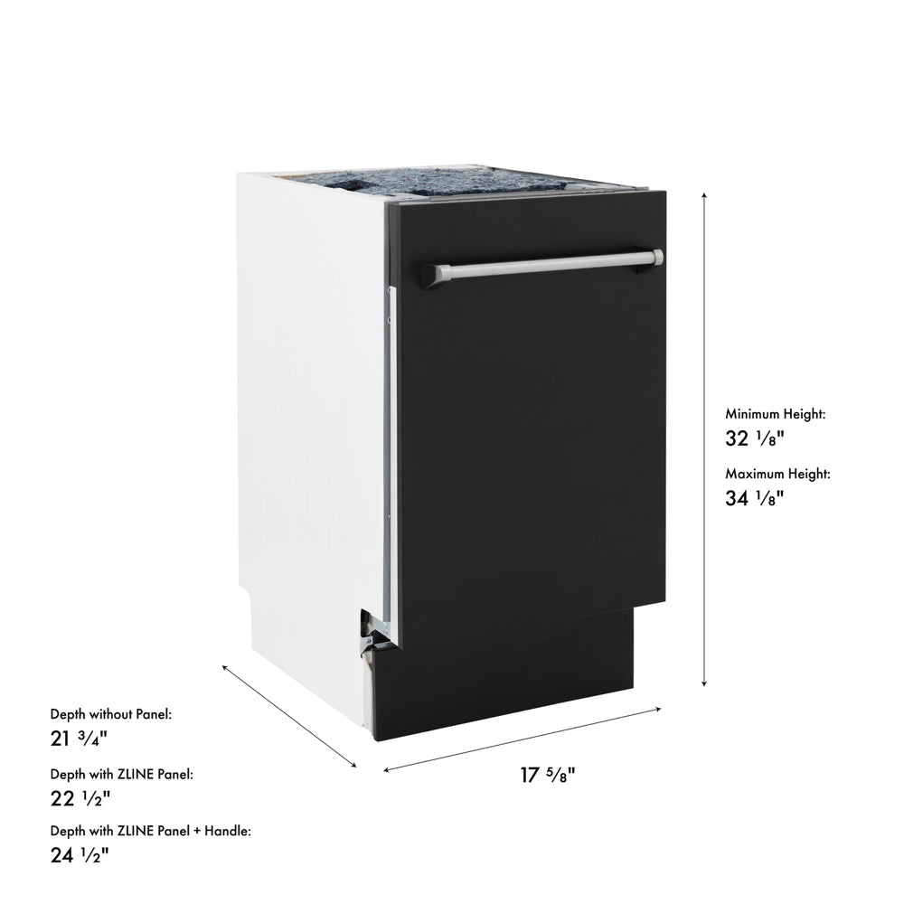 ZLINE 18 in. Tallac Series 3rd Rack Dishwasher with Auto Door Open Drying, 51dBa, Black Matte Panel (DWV-BLM-18) with dimensions labeled.