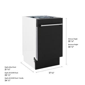 ZLINE 18 in. Tallac Series 3rd Rack Dishwasher with Auto Door Open Drying, 51dBa, Black Matte Panel (DWV-BLM-18) with dimensions labeled.