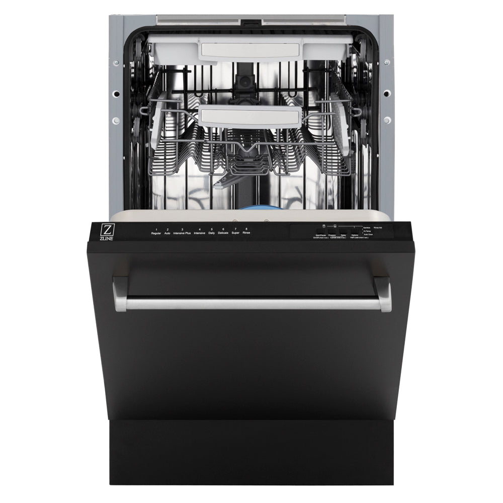 ZLINE 18 in. Tallac Series 3rd Rack Dishwasher with Auto Door Open Drying, 51dBa, Black Matte Panel (DWV-BLM-18) front, half open.
