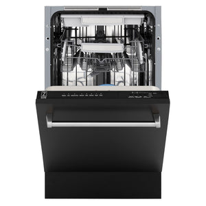 ZLINE 18 in. Tallac Series 3rd Rack Dishwasher with Auto Door Open Drying, 51dBa, Black Matte Panel (DWV-BLM-18) front, half open.