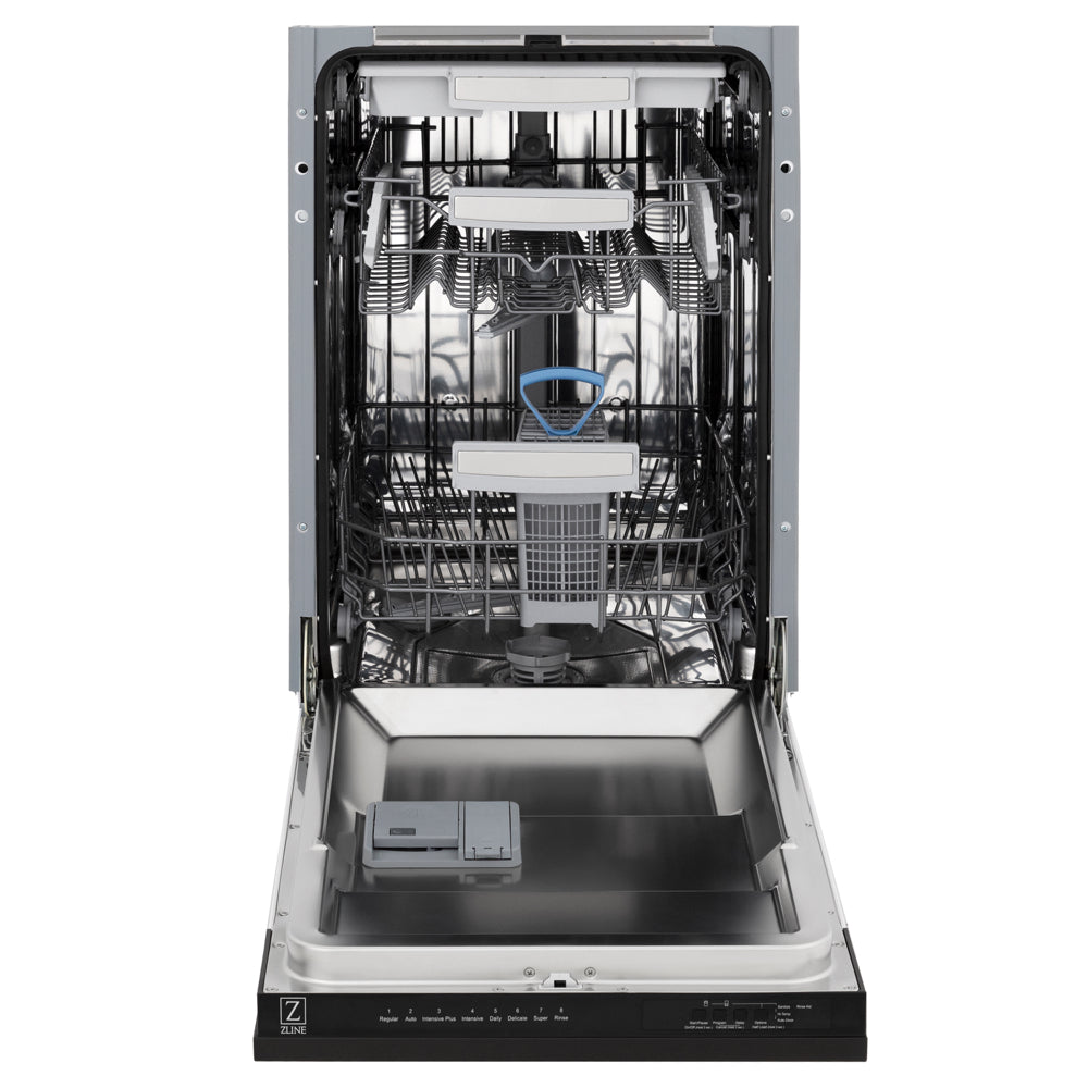 ZLINE 18 in. Tallac Series 3rd Rack Dishwasher with Auto Door Open Drying, 51dBa, Black Matte Panel (DWV-BLM-18) front, open, showing stainless steel tub.