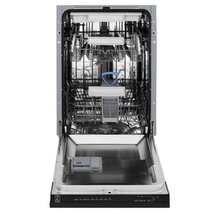 ZLINE 18 in. Tallac Series 3rd Rack Dishwasher with Auto Door Open Drying, 51dBa, Black Matte Panel (DWV-BLM-18) front, open, showing stainless steel tub.