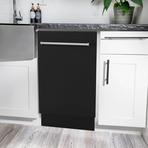 ZLINE 18 in. Tallac Series 3rd Rack Dishwasher with Auto Door Open Drying, 51dBa, Black Matte Panel (DWV-BLM-18) in a modern kitchen with white cabinets and a gray countertop.