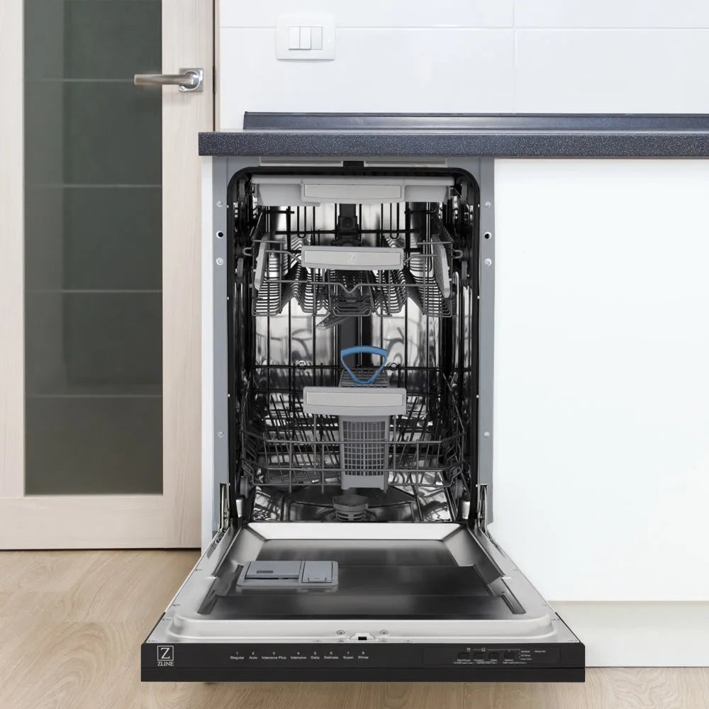 ZLINE 18 in. Tallac Series 3rd Rack Dishwasher with Auto Door Open Drying, 51dBa, Black Matte Panel (DWV-BLM-18) open, in a kitchen setting with white cabinets.