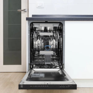 ZLINE 18 in. Tallac Series 3rd Rack Dishwasher with Auto Door Open Drying, 51dBa, Black Matte Panel (DWV-BLM-18) open, in a kitchen setting with white cabinets.