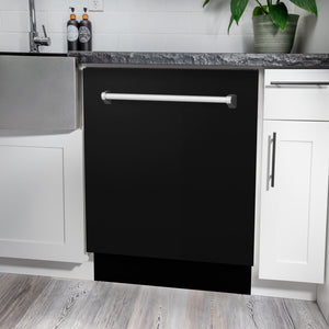 ZLINE 24 in. Tallac Series 3rd Rack Dishwasher with Auto Door Open Drying, 51dBa, Black Matte Panel (DWV-BLM-24) in a modern kitchen with white cabinets and a gray countertop.