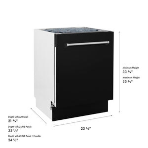 ZLINE 24 in. Tallac Series 3rd Rack Dishwasher with Auto Door Open Drying, 51dBa, Black Matte Panel (DWV-BLM-24) with dimensions labeled.