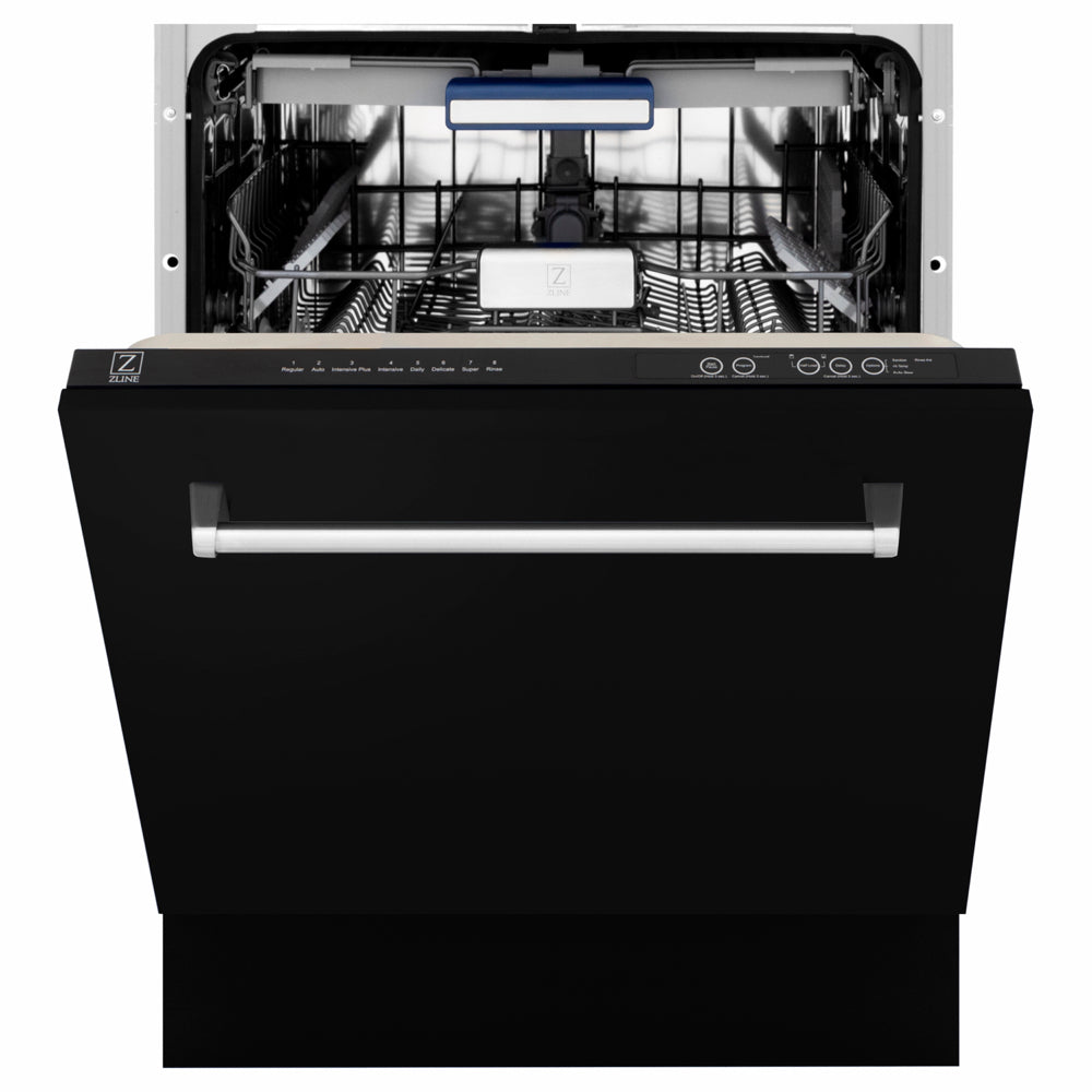 ZLINE 24 in. Tallac Series 3rd Rack Dishwasher with Auto Door Open Drying, 51dBa, Black Matte Panel (DWV-BLM-24) front, half open.
