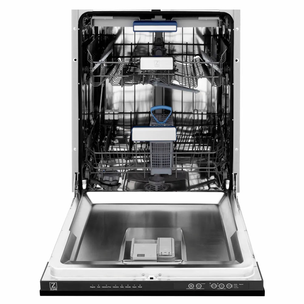 ZLINE 24 in. Tallac Series 3rd Rack Dishwasher with Auto Door Open Drying, 51dBa, Black Matte Panel (DWV-BLM-24) front, open, showing stainless steel tub.