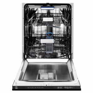 ZLINE 24 in. Tallac Series 3rd Rack Dishwasher with Auto Door Open Drying, 51dBa, Black Matte Panel (DWV-BLM-24) front, open, showing stainless steel tub.