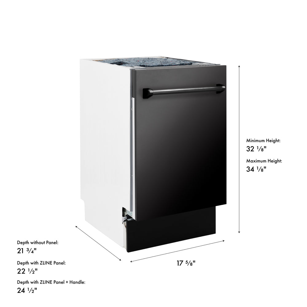 ZLINE 18 in. Tallac Series 3rd Rack Dishwasher with Auto Door Open Drying, 51dBa, Black Stainless Steel Panel (DWV-BS-18) with dimensions labeled.