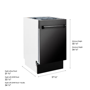 ZLINE 18 in. Tallac Series 3rd Rack Dishwasher with Auto Door Open Drying, 51dBa, Black Stainless Steel Panel (DWV-BS-18) with dimensions labeled.