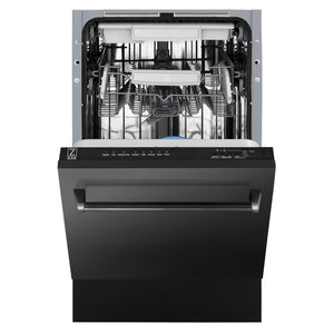 ZLINE 18 in. Tallac Series 3rd Rack Dishwasher with Auto Door Open Drying, 51dBa, Black Stainless Steel Panel (DWV-BS-18) front, half open.