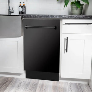 ZLINE 18 in. Tallac Series 3rd Rack Dishwasher with Auto Door Open Drying, 51dBa, Black Stainless Steel Panel (DWV-BS-18) in a modern kitchen with white cabinets and a gray countertop.
