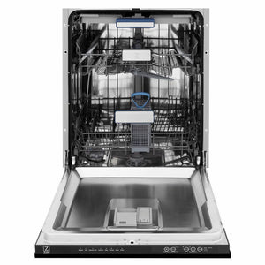 ZLINE 24 in. Tallac Series 3rd Rack Dishwasher with Auto Door Open Drying, 51dBa, Black Stainless Steel Panel (DWV-BS-24) front, open, showing stainless steel tub.