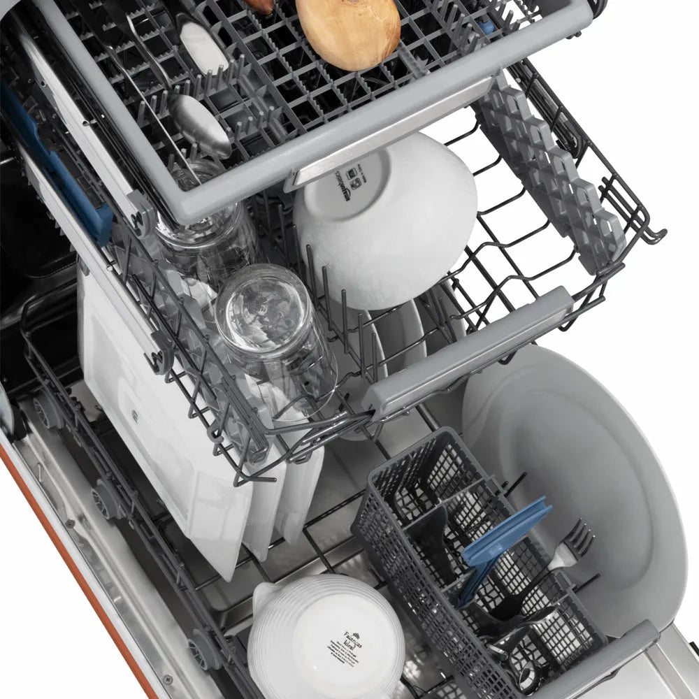 ZLINE 18 in. Tallac Series 3rd Rack Dishwasher with Auto Door Open Drying, 51dBa, Copper Panel (DWV-C-18) open, with dishes inside.