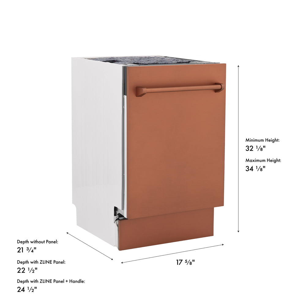 ZLINE 18 in. Tallac Series 3rd Rack Dishwasher with Auto Door Open Drying, 51dBa, Copper Panel (DWV-C-18) with dimensions labeled.