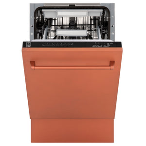 ZLINE 18 in. Tallac Series 3rd Rack Dishwasher with Auto Door Open Drying, 51dBa, Copper Panel (DWV-C-18) front, half open.