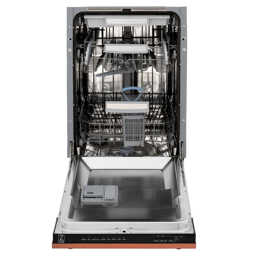 ZLINE 18 in. Tallac Series 3rd Rack Dishwasher with Auto Door Open Drying, 51dBa, Copper Panel (DWV-C-18) front, open, showing stainless steel tub.