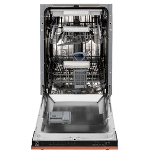 ZLINE 18 in. Tallac Series 3rd Rack Dishwasher with Auto Door Open Drying, 51dBa, Copper Panel (DWV-C-18) front, open, showing stainless steel tub.