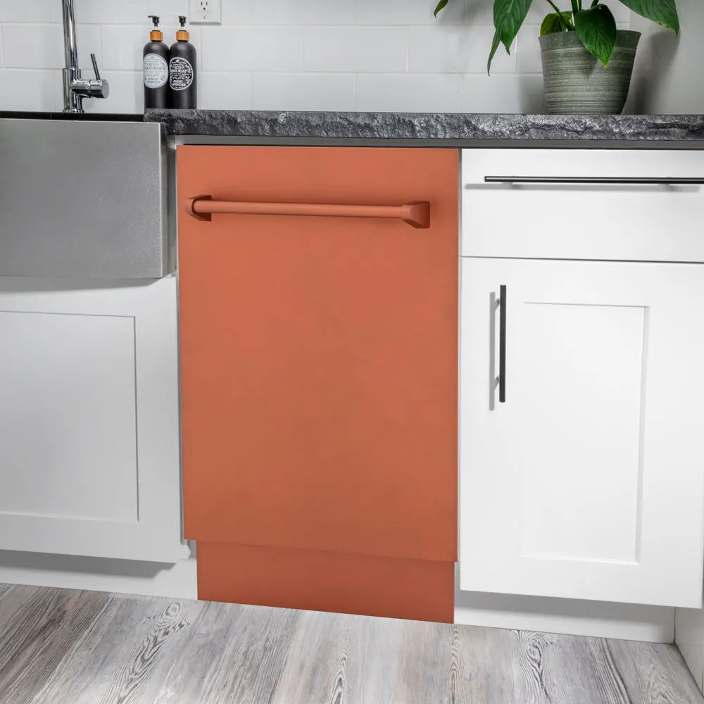 ZLINE 18 in. Tallac Series 3rd Rack Dishwasher with Auto Door Open Drying, 51dBa, Copper Panel (DWV-C-18) in a modern kitchen with white cabinets and a gray countertop.