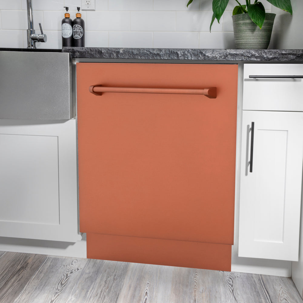 ZLINE 24 in. Tallac Series 3rd Rack Dishwasher with Auto Door Open Drying, 51dBa, Copper Panel (DWV-C-24) in a modern kitchen with white cabinets and a gray countertop.
