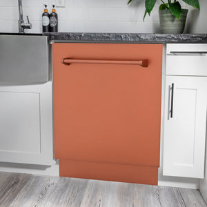 ZLINE 24 in. Tallac Series 3rd Rack Dishwasher with Auto Door Open Drying, 51dBa, Copper Panel (DWV-C-24) in a modern kitchen with white cabinets and a gray countertop.