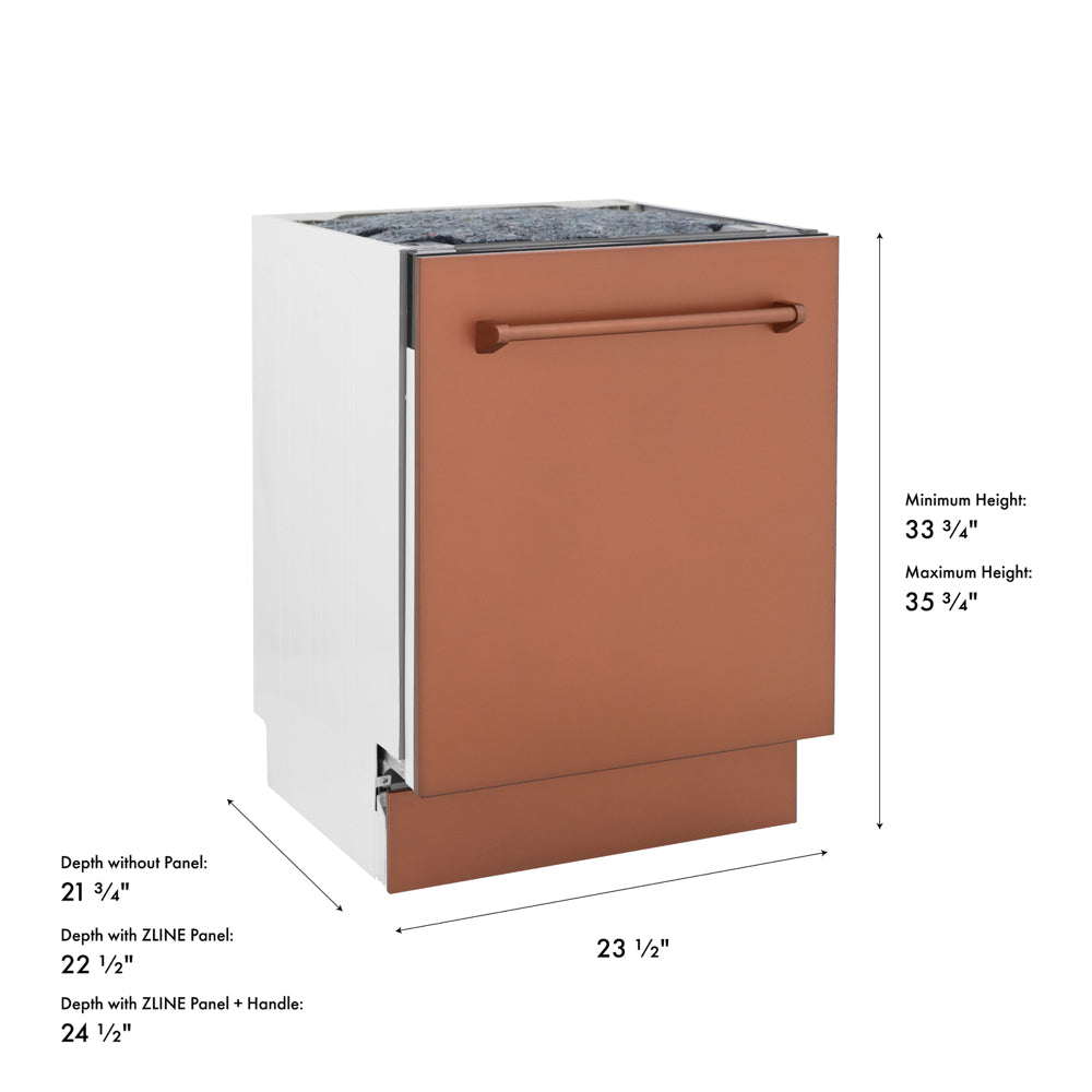 ZLINE 24 in. Tallac Series 3rd Rack Dishwasher with Auto Door Open Drying, 51dBa, Copper Panel (DWV-C-24) with dimensions labeled.