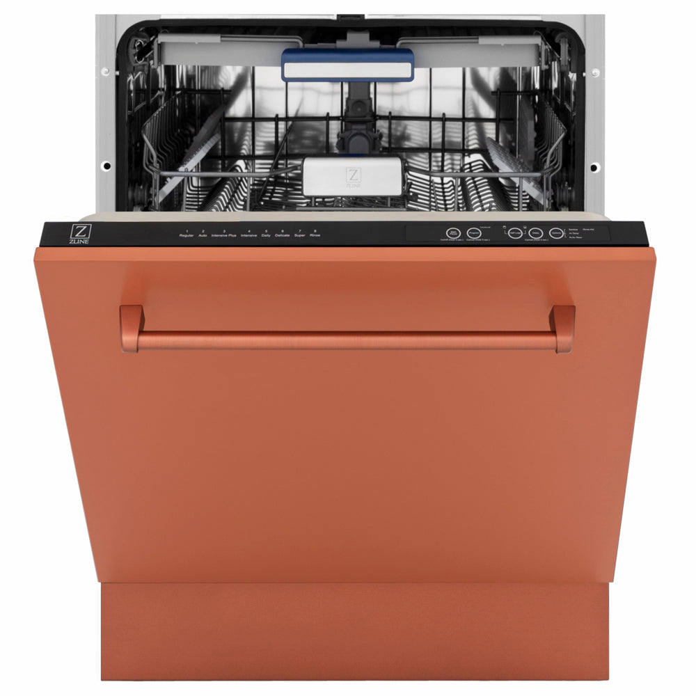 ZLINE 24 in. Tallac Series 3rd Rack Dishwasher with Auto Door Open Drying, 51dBa, Copper Panel (DWV-C-24) front, half open.