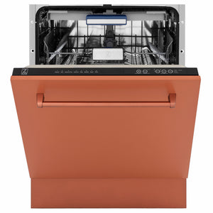 ZLINE 24 in. Tallac Series 3rd Rack Dishwasher with Auto Door Open Drying, 51dBa, Copper Panel (DWV-C-24) front, half open.