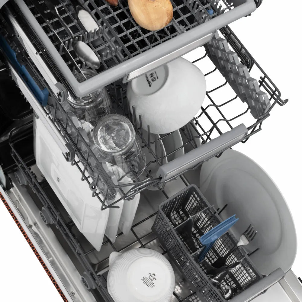 ZLINE 18 in. Tallac Series 3rd Rack Dishwasher with Auto Door Open Drying, 51dBa, Hand-Hammered Copper Panel (DWV-HH-18) open, with dishes inside.