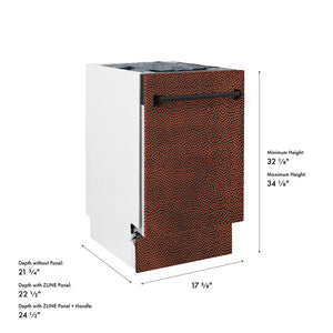 ZLINE 18 in. Tallac Series 3rd Rack Dishwasher with Auto Door Open Drying, 51dBa, Hand-Hammered Copper Panel (DWV-HH-18) with dimensions labeled.