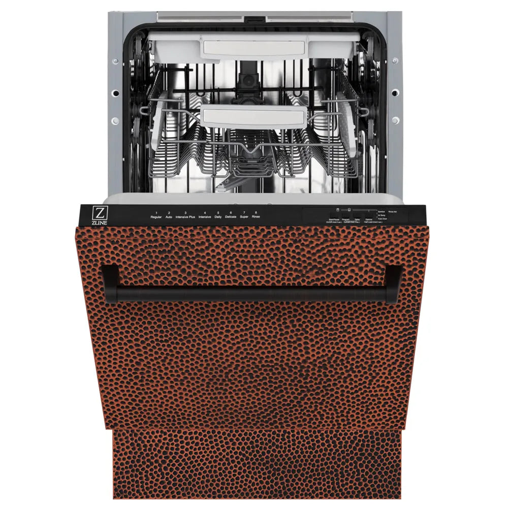 ZLINE 18 in. Tallac Series 3rd Rack Dishwasher with Auto Door Open Drying, 51dBa, Hand-Hammered Copper Panel (DWV-HH-18) front, half open.