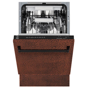 ZLINE 18 in. Tallac Series 3rd Rack Dishwasher with Auto Door Open Drying, 51dBa, Hand-Hammered Copper Panel (DWV-HH-18) front, half open.