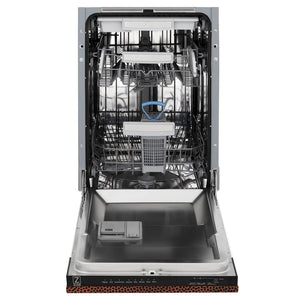 ZLINE 18 in. Tallac Series 3rd Rack Dishwasher with Auto Door Open Drying, 51dBa, Hand-Hammered Copper Panel (DWV-HH-18) front, open, showing stainless steel tub.