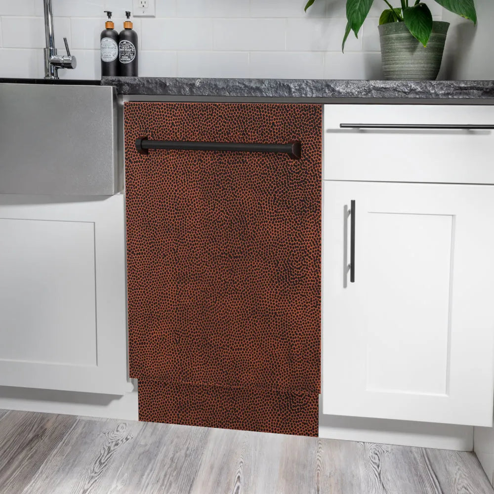ZLINE 18 in. Tallac Series 3rd Rack Dishwasher with Auto Door Open Drying, 51dBa, Hand-Hammered Copper Panel (DWV-HH-18) in a modern kitchen with white cabinets and a gray countertop.