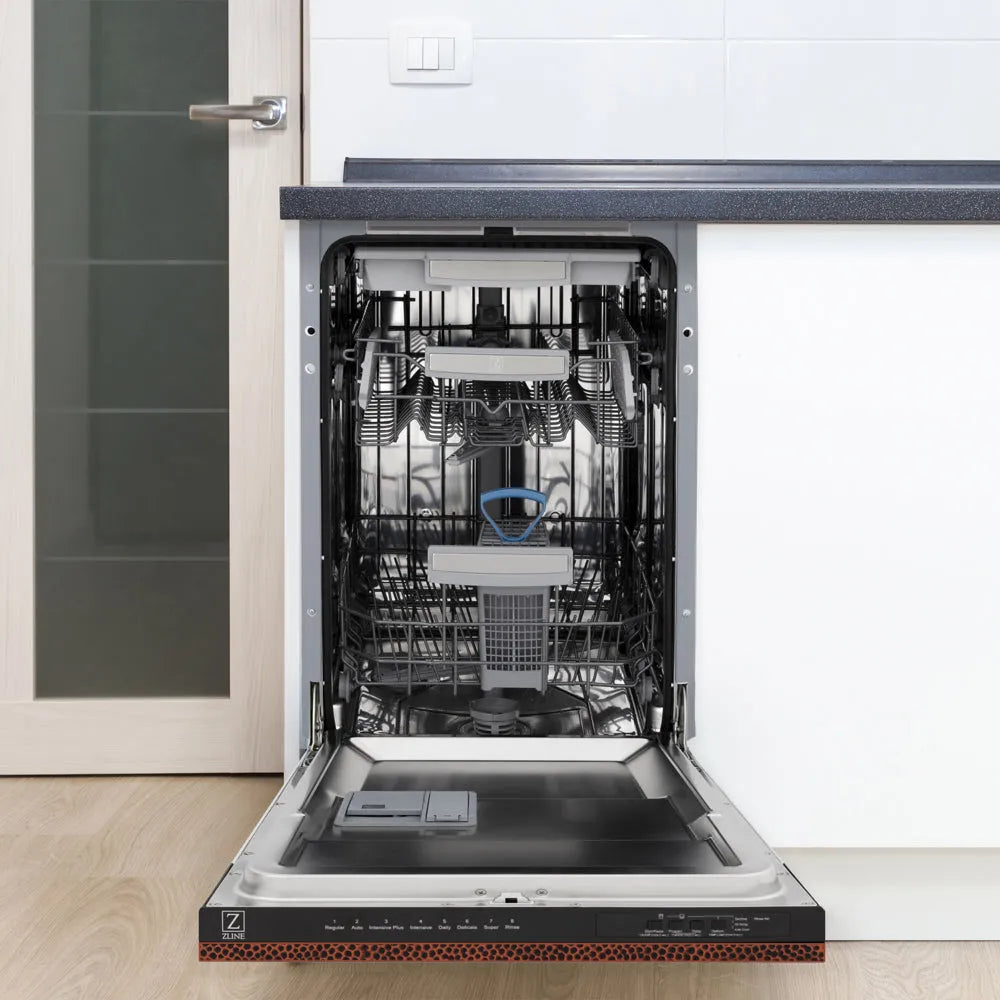 ZLINE 18 in. Tallac Series 3rd Rack Dishwasher with Auto Door Open Drying, 51dBa, Hand-Hammered Copper Panel (DWV-HH-18) open, in a kitchen setting with white cabinets.
