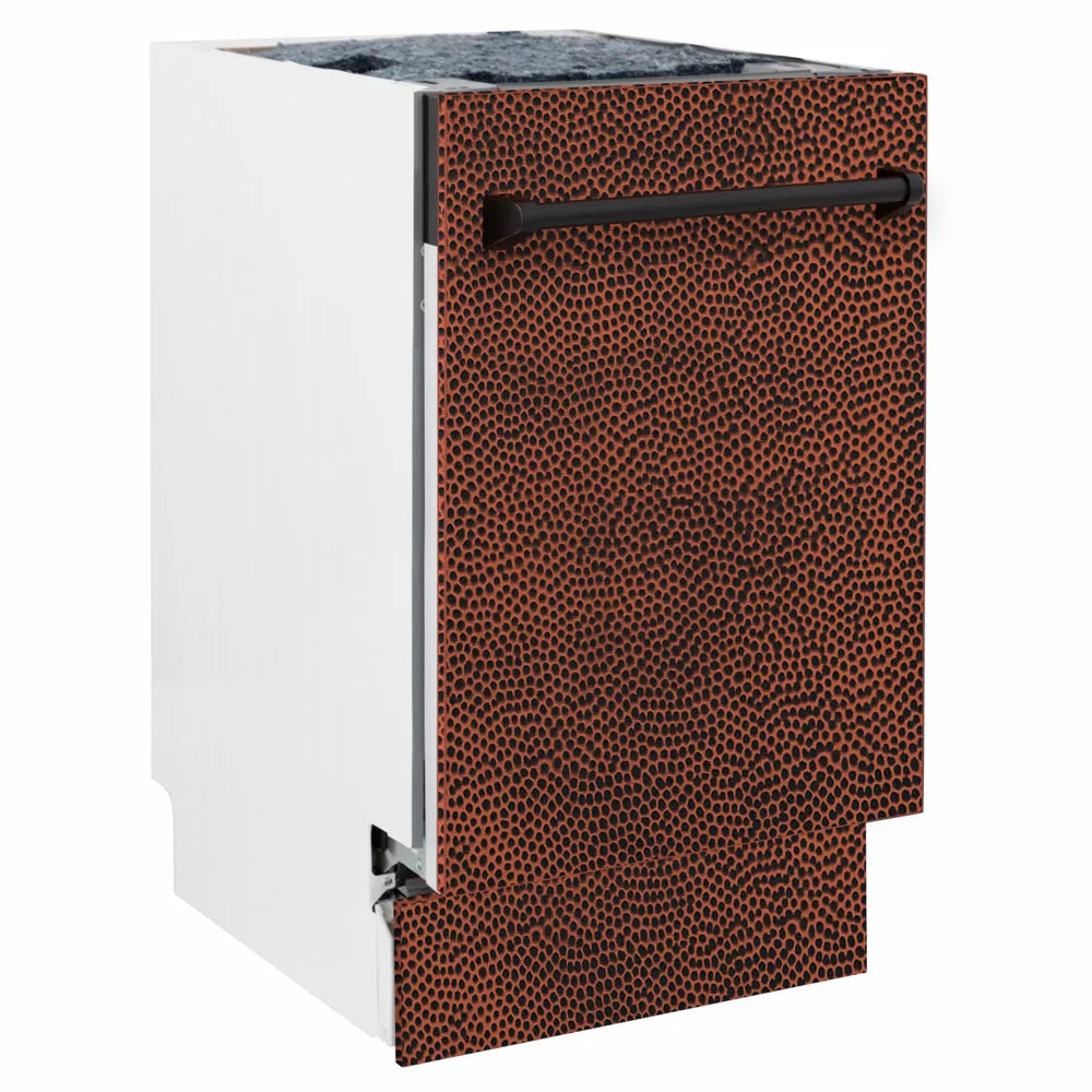 ZLINE 18 in. Tallac Series 3rd Rack Dishwasher with Auto Door Open Drying, 51dBa, Hand-Hammered Copper Panel (DWV-HH-18) side.