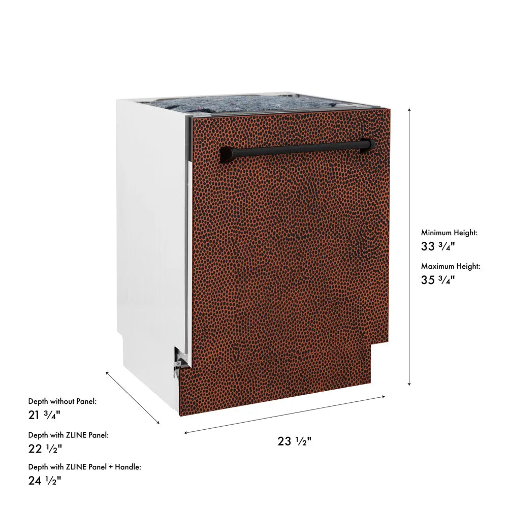 ZLINE 24 in. Tallac Series 3rd Rack Dishwasher with Auto Door Open Drying, 51dBa, Hand-Hammered Copper Panel (DWV-HH-24) with dimensions labeled.