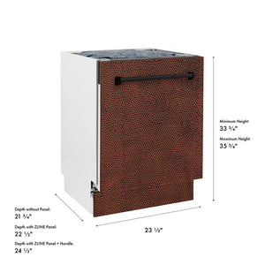 ZLINE 24 in. Tallac Series 3rd Rack Dishwasher with Auto Door Open Drying, 51dBa, Hand-Hammered Copper Panel (DWV-HH-24) with dimensions labeled.