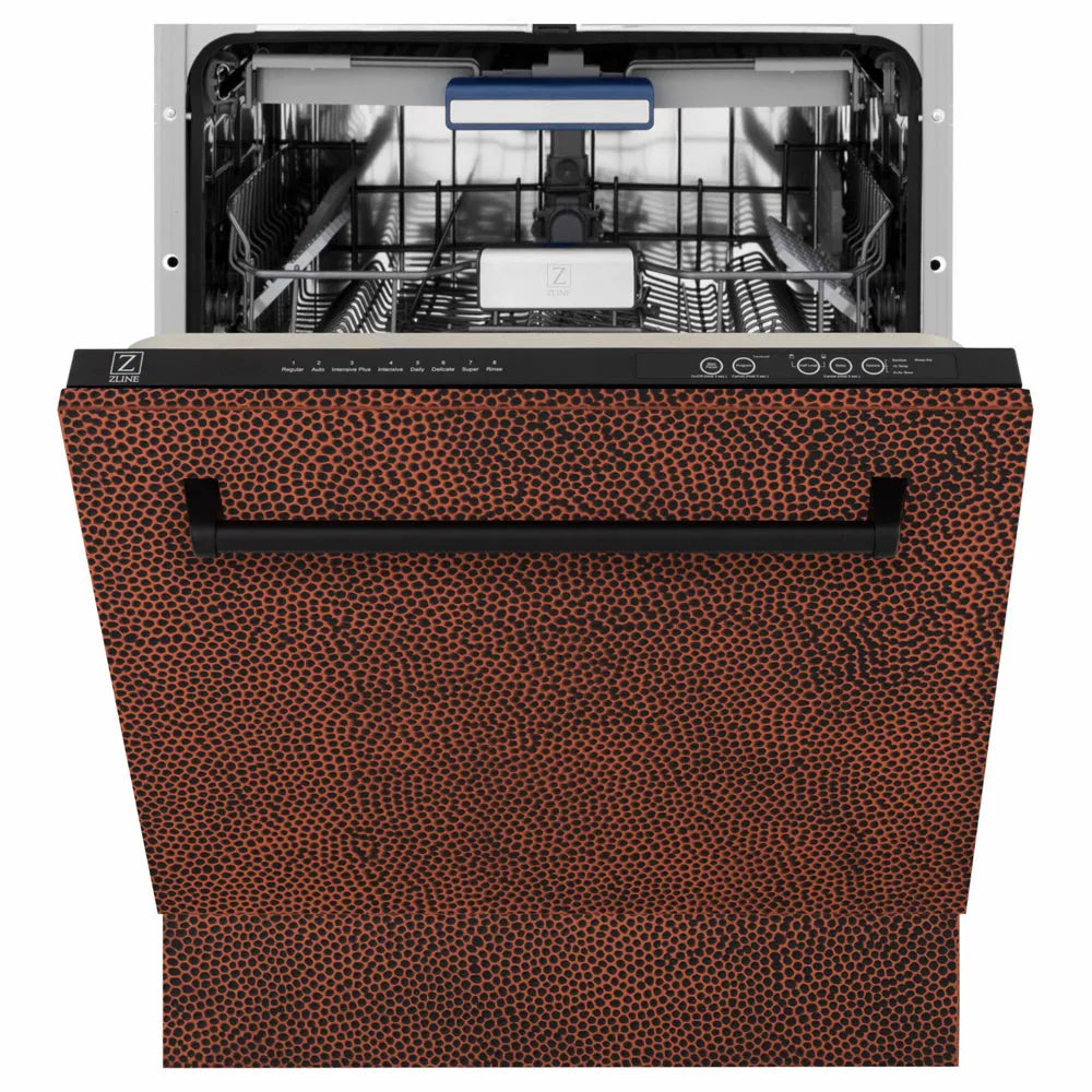 ZLINE 24 in. Tallac Series 3rd Rack Dishwasher with Auto Door Open Drying, 51dBa, Hand-Hammered Copper Panel (DWV-HH-24) front, half open.