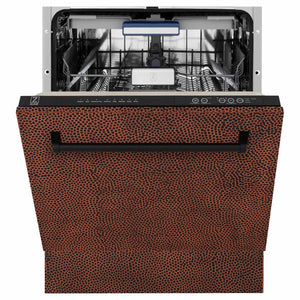 ZLINE 24 in. Tallac Series 3rd Rack Dishwasher with Auto Door Open Drying, 51dBa, Hand-Hammered Copper Panel (DWV-HH-24) front, half open.