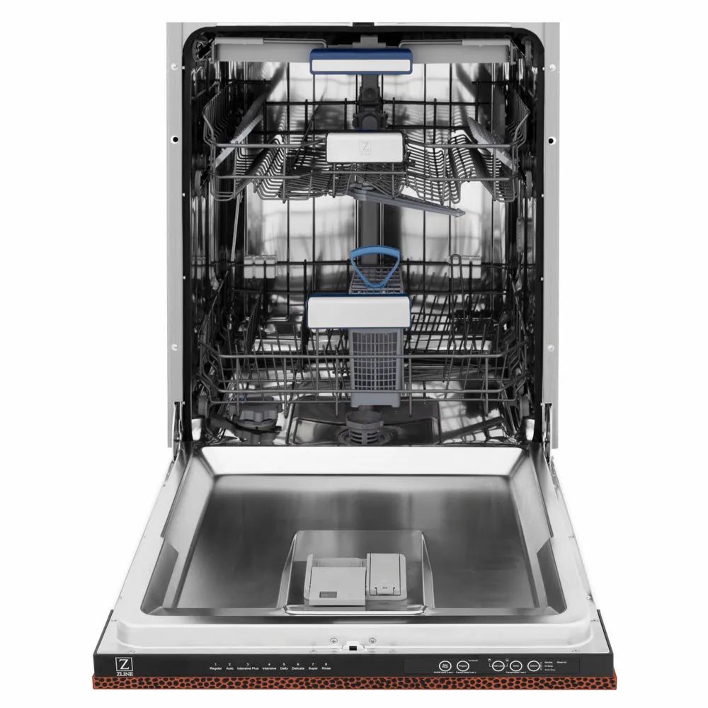 ZLINE 24 in. Tallac Series 3rd Rack Dishwasher with Auto Door Open Drying, 51dBa, Hand-Hammered Copper Panel (DWV-HH-24) front, open, showing stainless steel tub.